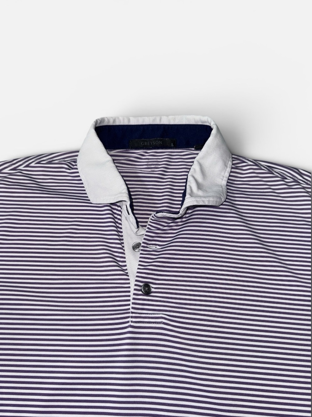 Greyson mens L Large purple white stripe performance golf polo shirt EUC